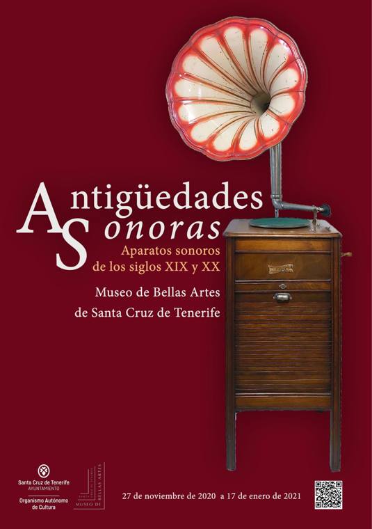 Cartel de la exposición Antigüedades sonoras, con un gramófono Pathé de bocina roja sobre fondo granate