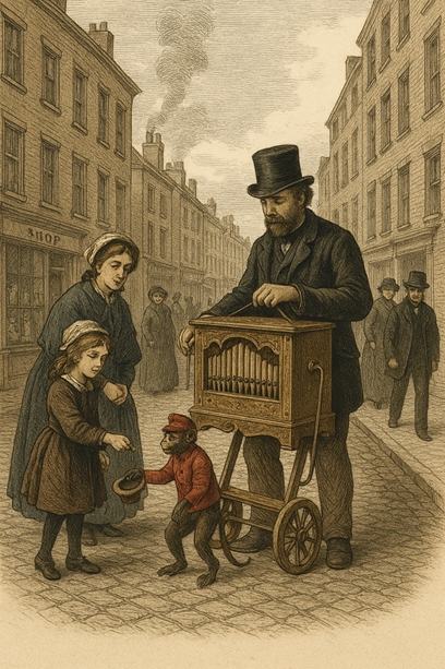 Ilustración de época: un organillero con sombrero de copa toca su órgano de manubrio en una calle empedrada, con un mono vestido de rojo recogiendo monedas ante una mujer y una niña