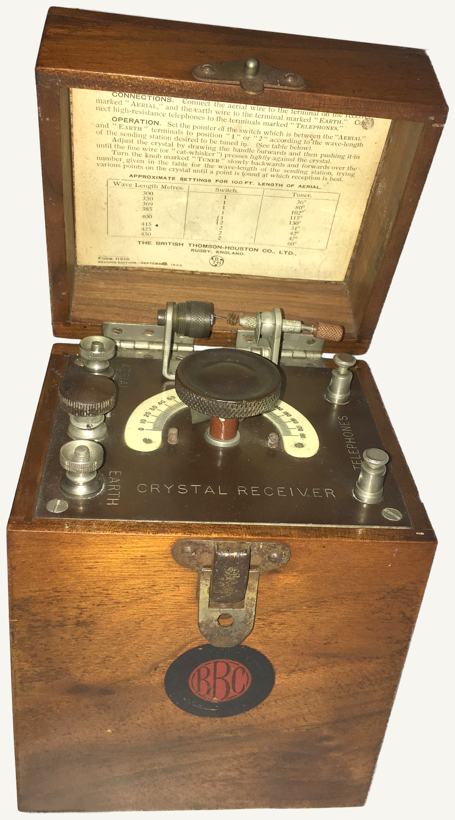 Receptor de galena de la BBC: caja de madera abierta con la placa Crystal Receiver, sus bornes, el detector de bigote de gato y las instrucciones pegadas en la tapa